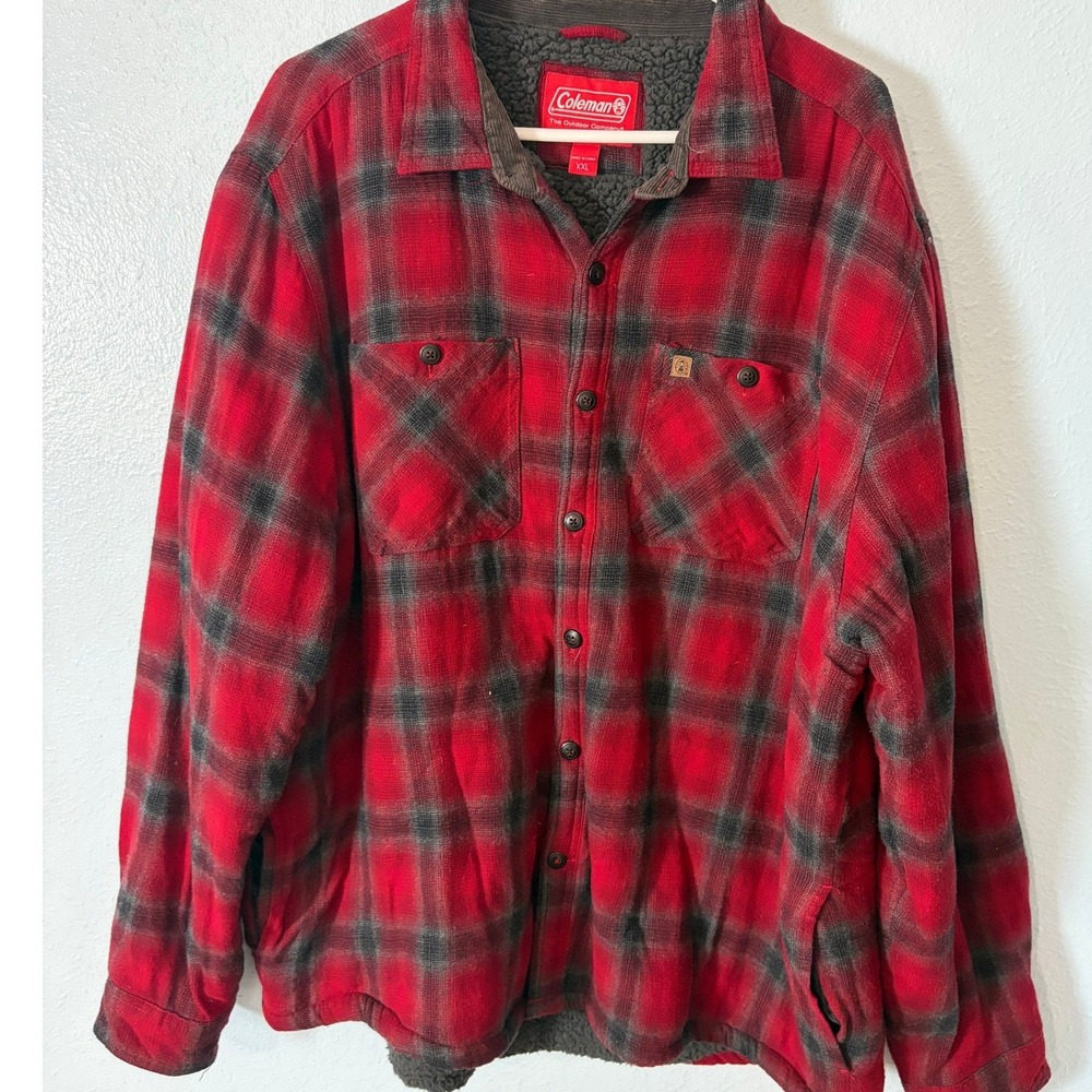 Coleman Mens XXL Red Black Plaid Sherpa Lined Flannel Shirt Jacket Gorpcore